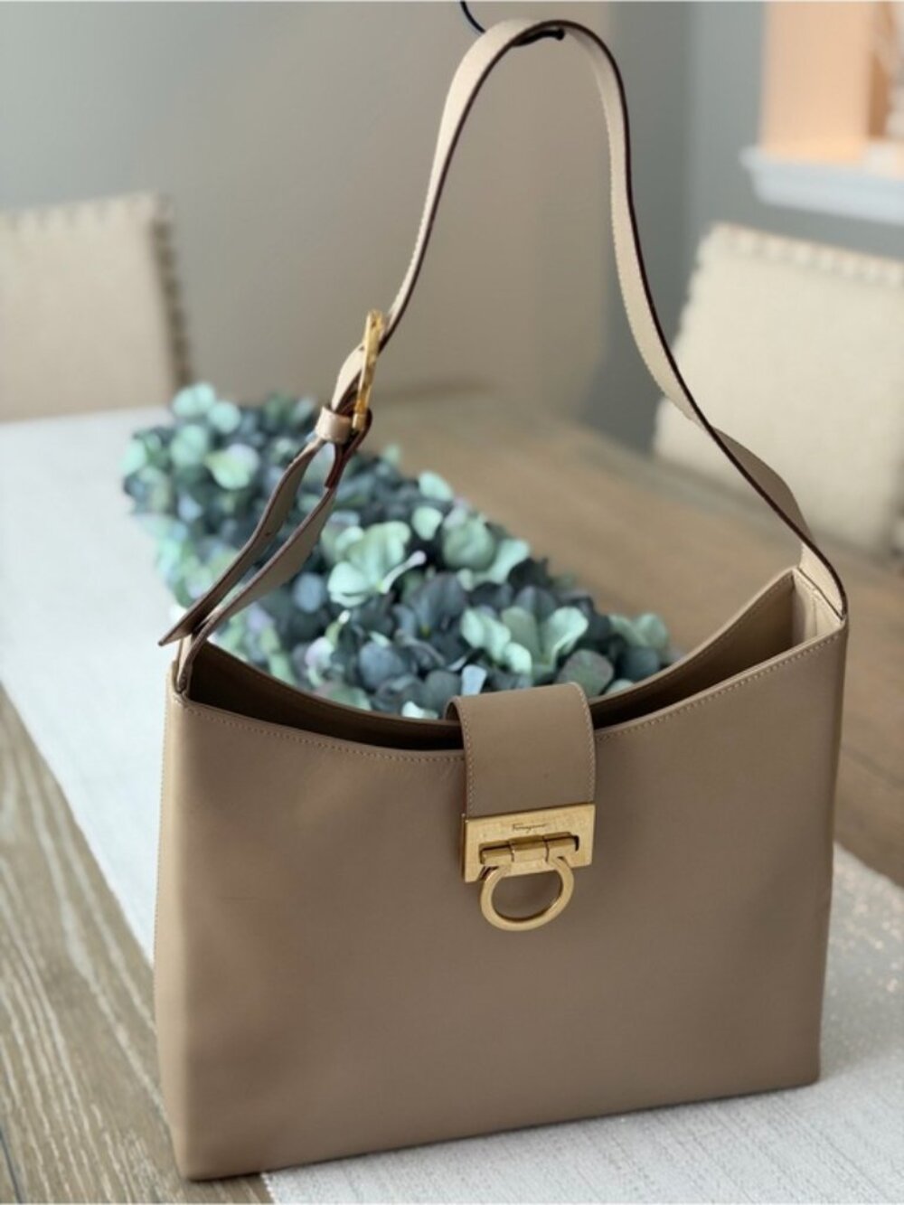 Salvatore Ferragamo Gancini Tan Leather Shoulder Bag with Gold Hardware